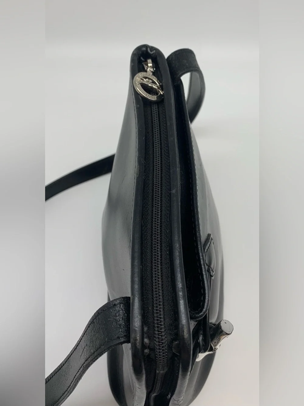 Vintage Longchamp Roseau Black Leather Bucket Shoulder Bag Silver hardware